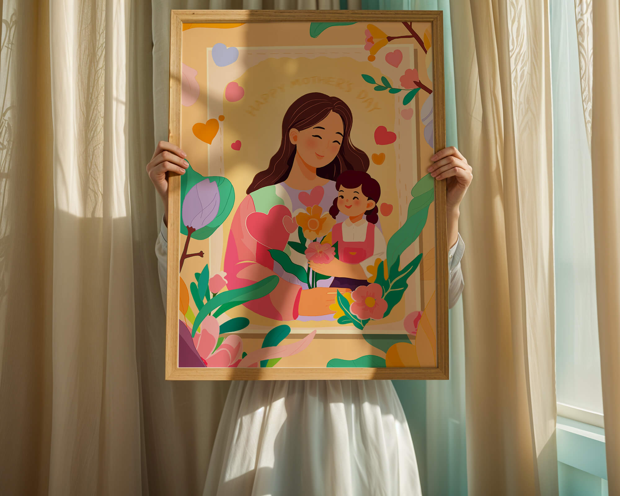 Illustration of mother and daughter with flowers for Mother's Day