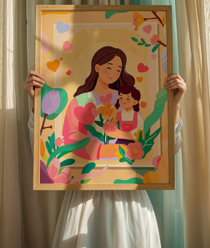 Ilustración de madre e hija con flores para el Día de la Madre