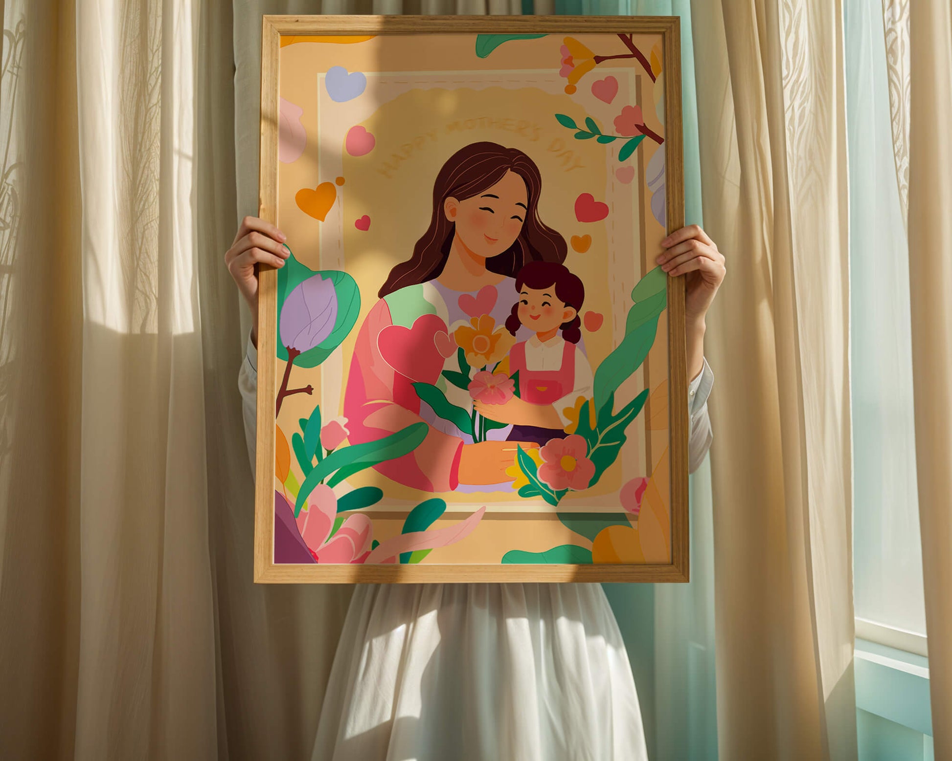 Illustration of mother and daughter with flowers for Mother's Day