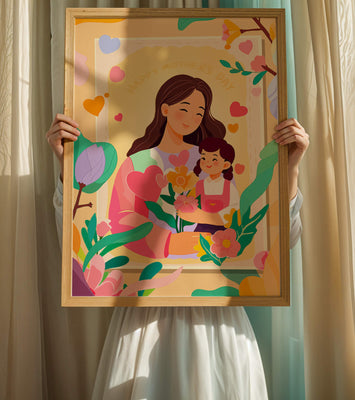 Illustration of mother and daughter with flowers for Mother's Day