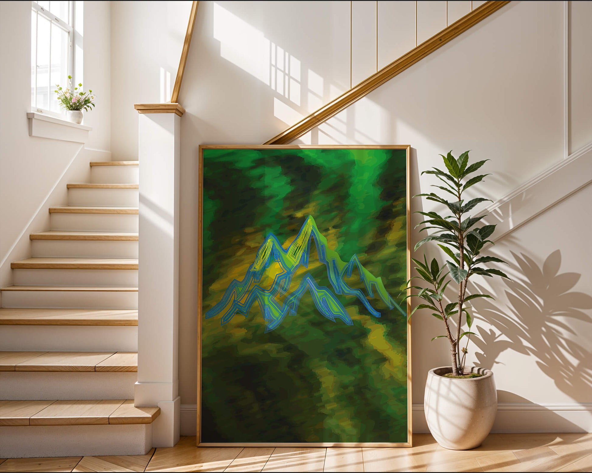 Abstract mountain landscape with vibrant colors and geometric lines