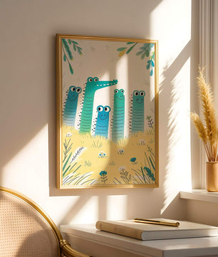 Illustration of Happy Cartoon Crocodiles in a Colorful Meadow - Mi tienda