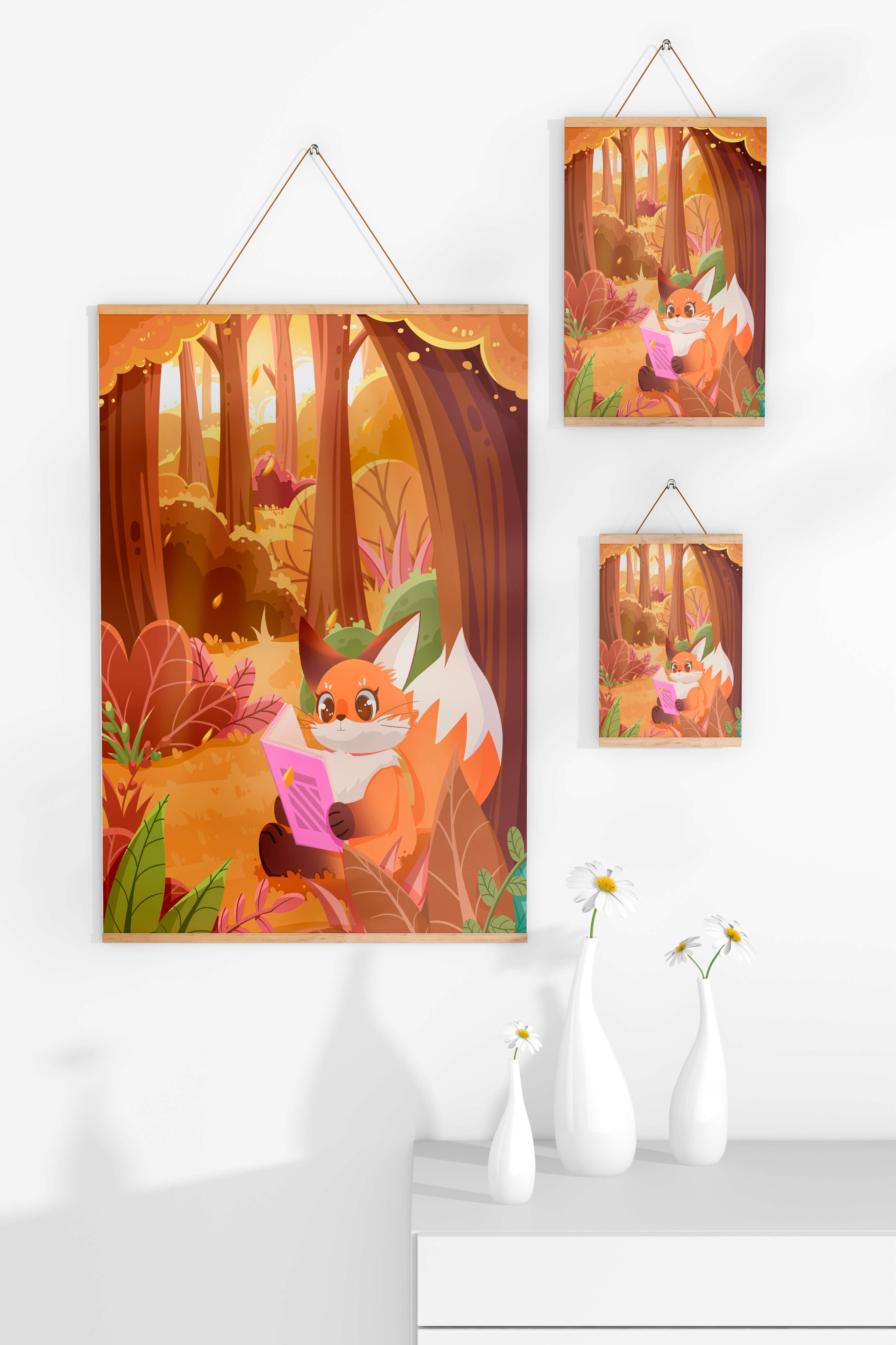 Fox reading a book in a whimsical autumn forest