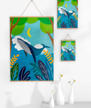 Illustration eines Wals in einer farbenfrohen Waldszene mit Mond und Pflanzen