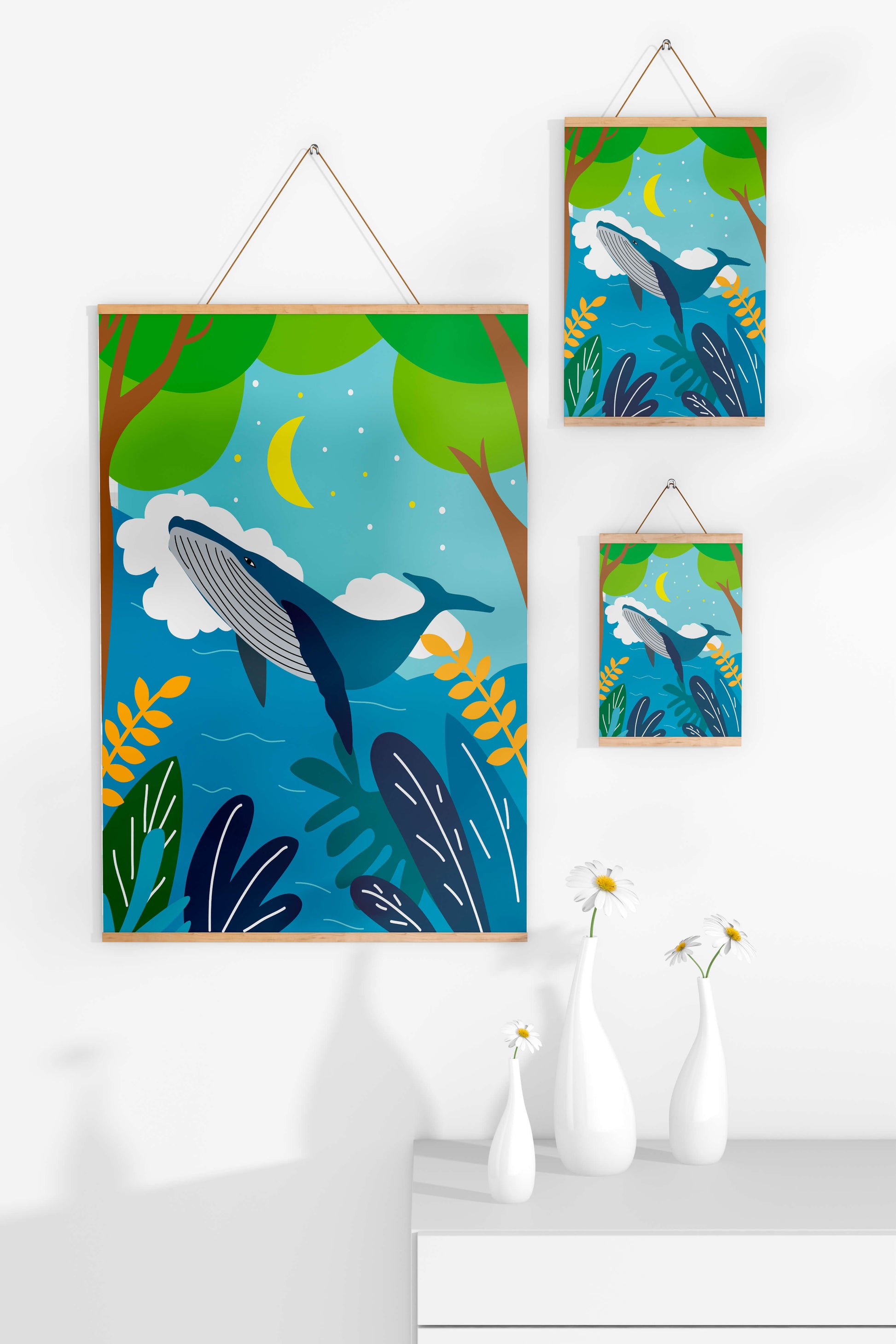 Illustration of a whale in a colorful forest scene with moon and plants