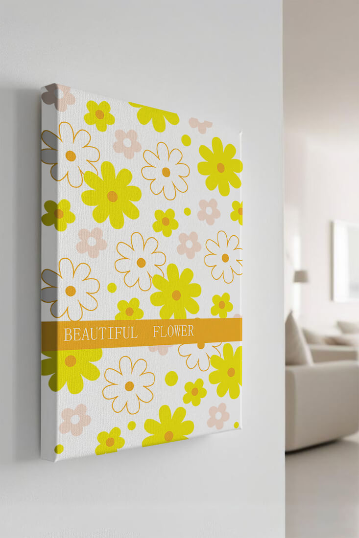 Floral pattern with bright yellow and white flowers on a black background