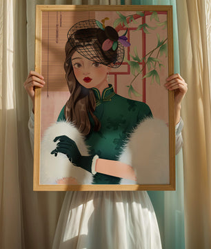 Elegant woman in vintage attire with netted hat and floral elements