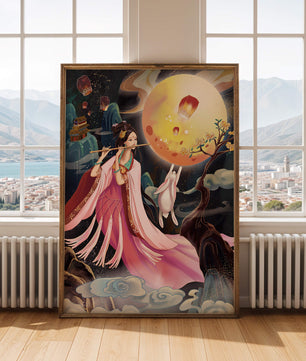 Traditional Asian Art with Flute Player and Moon Rabbit