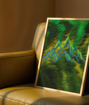 Abstract mountain landscape with vibrant colors and geometric lines