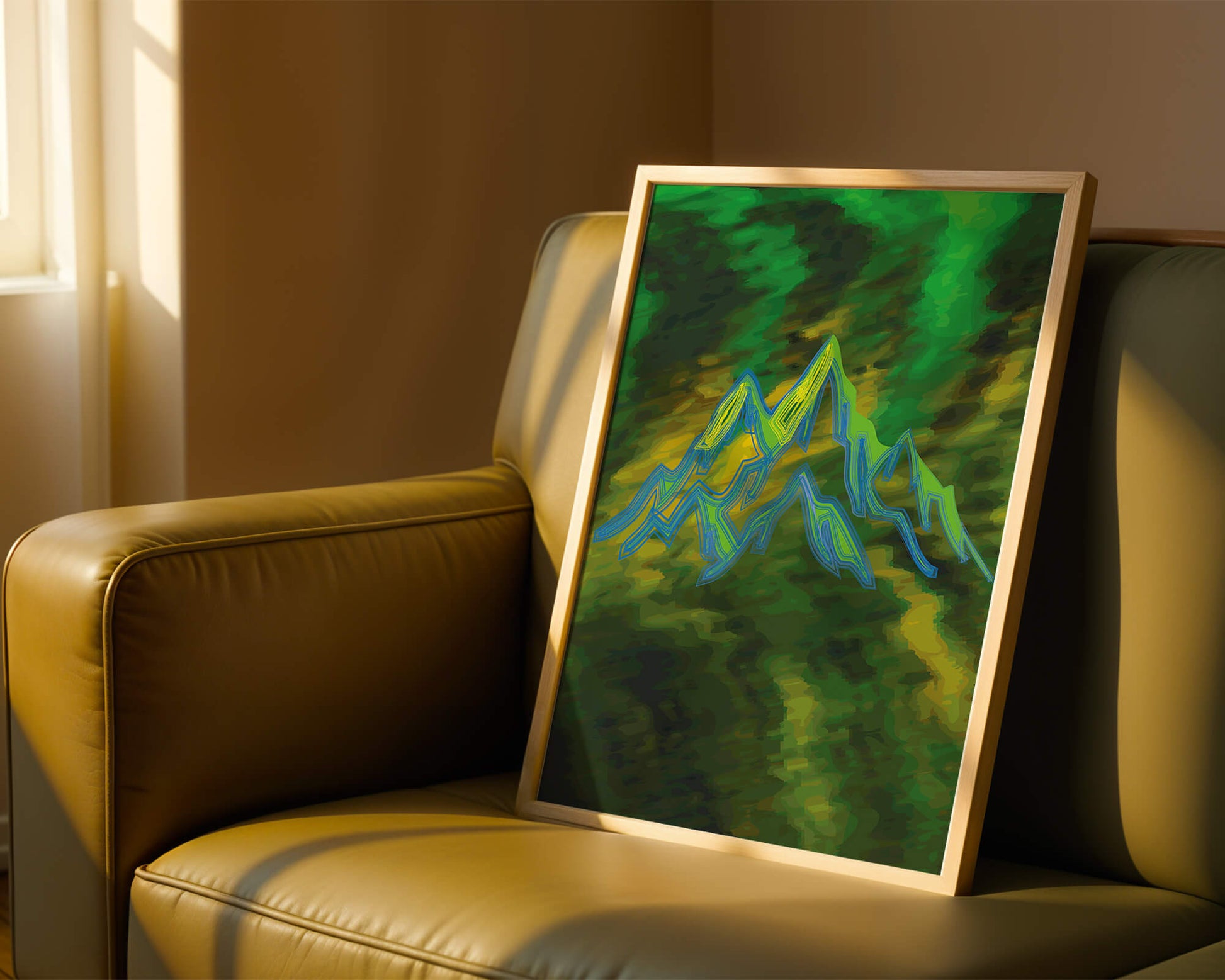 Abstract mountain landscape with vibrant colors and geometric lines