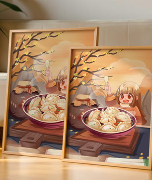 Comida de dumplings acogedora al aire libre en un entorno otoñal soleado con personaje alegre