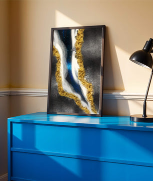 Abstract flowing design with gold, blue, and white textures