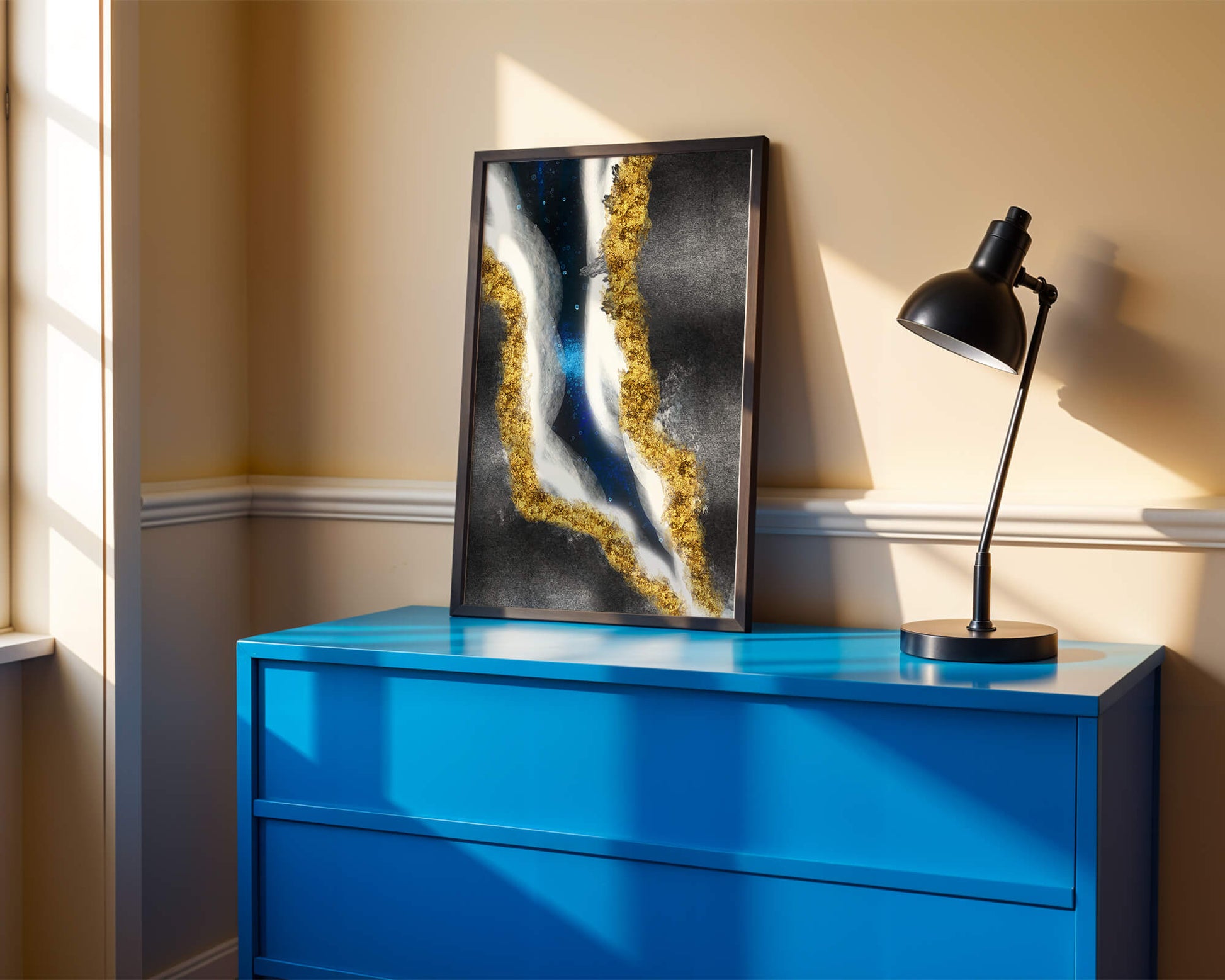 Abstract flowing design with gold, blue, and white textures