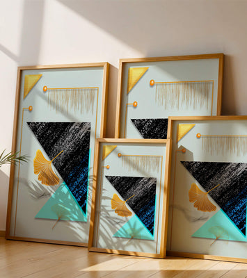 Abstract Composition with Geometric Shapes and Gold Ginkgo Leaves