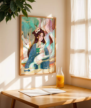 Œuvre de fantasy élégante mettant en scène une figure mystique accompagnée de renards et de couleurs vibrantes