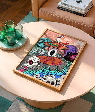 Ilustración abstracta surrealista colorida con un ojo vívido y elementos surrealistas