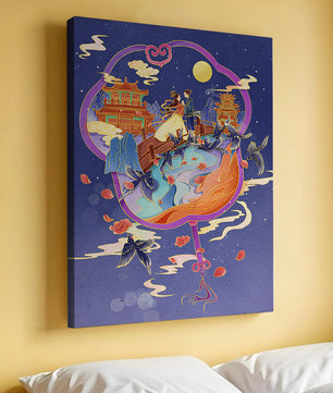 Escena nocturna oriental romántica con pareja y pagodas bajo la luz de la luna