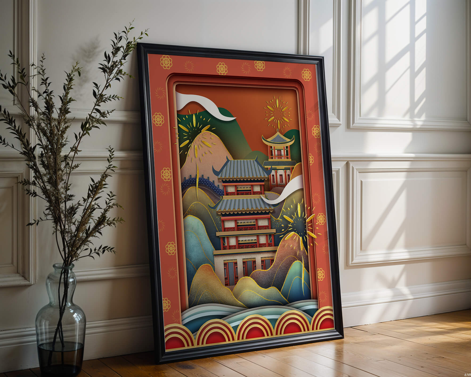 Traditional Asian architecture with fireworks and vibrant mountains