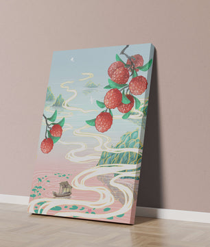 Idyllic Landscape with Lush Lychee Branches and Serene Waterscape