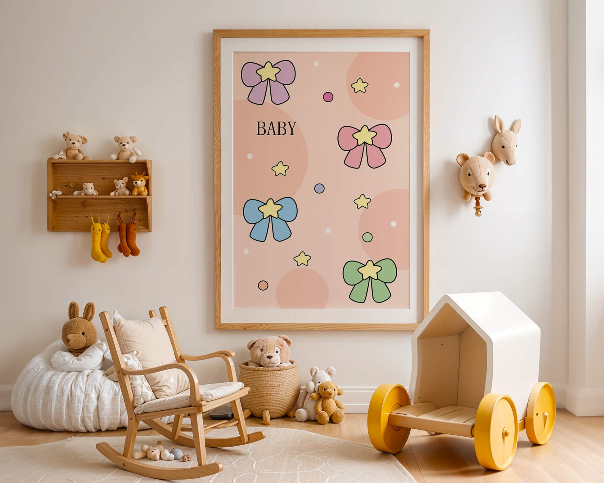 Colorful baby-themed backdrop with bows and stars