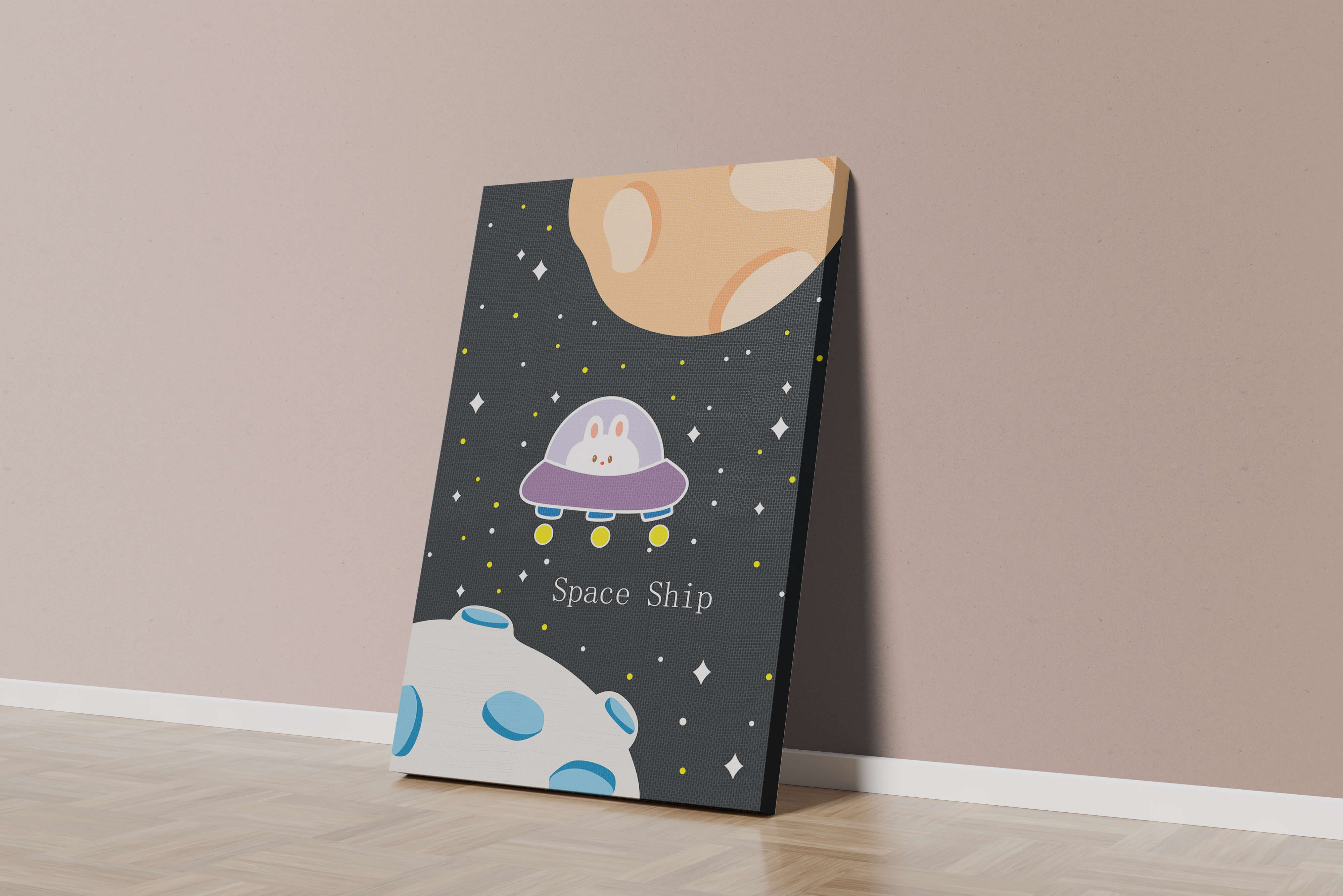 Cute bunny in spaceship with planets and stars in space illustration