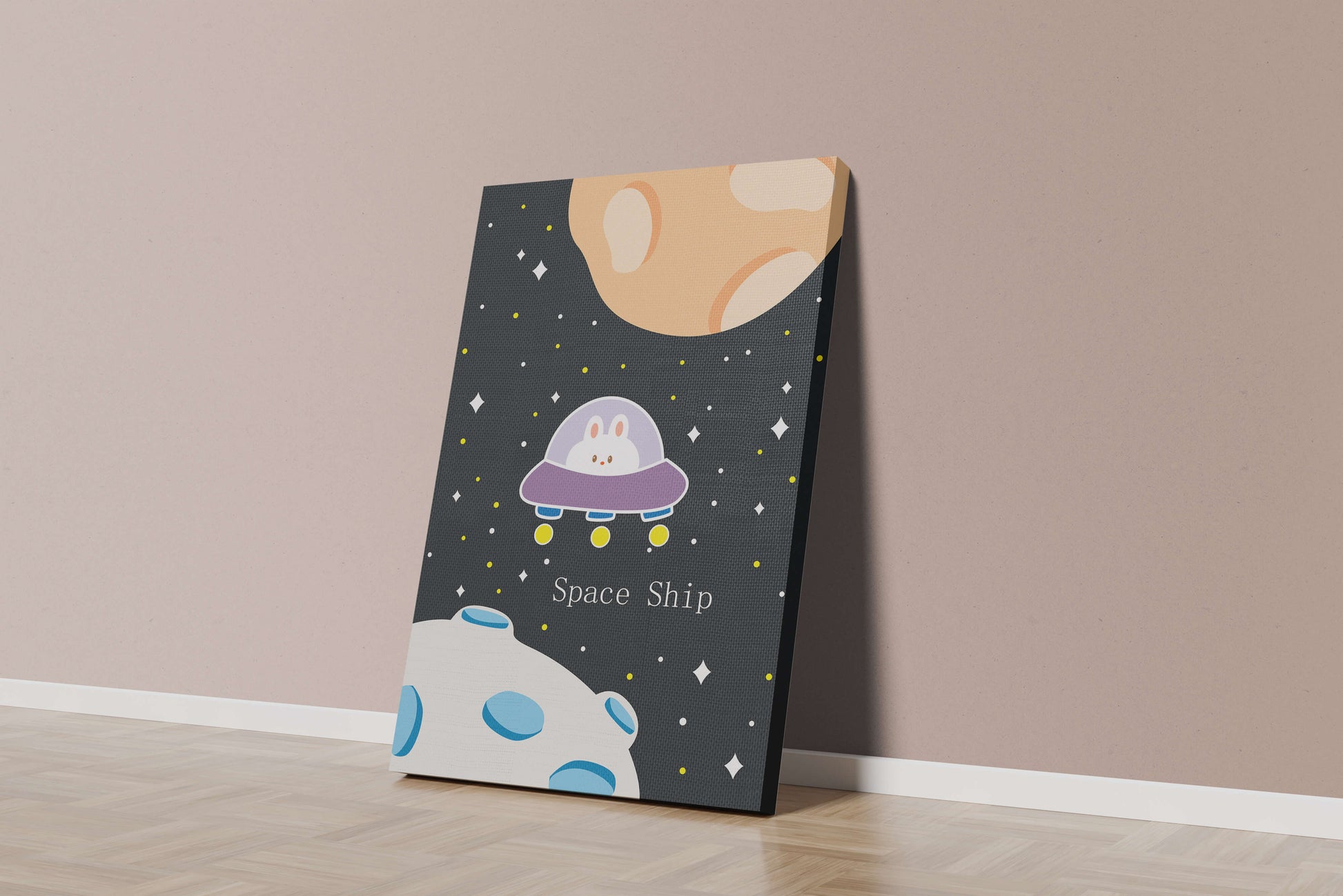 Cute bunny in spaceship with planets and stars in space illustration