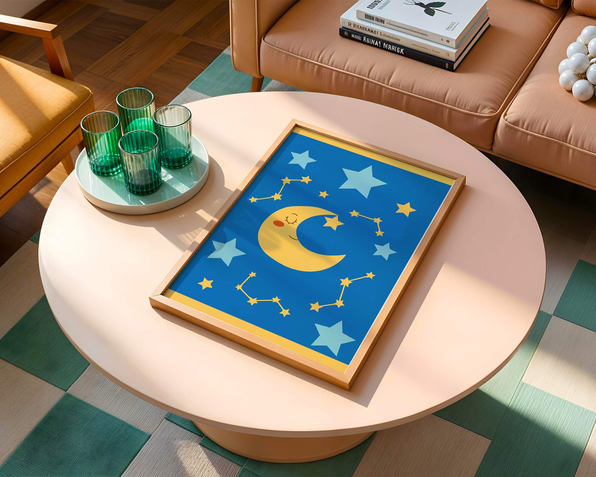 Whimsical children's room decor with smiling moon and stars