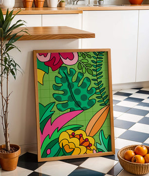 Colorful botanical illustration with vibrant tropical elements