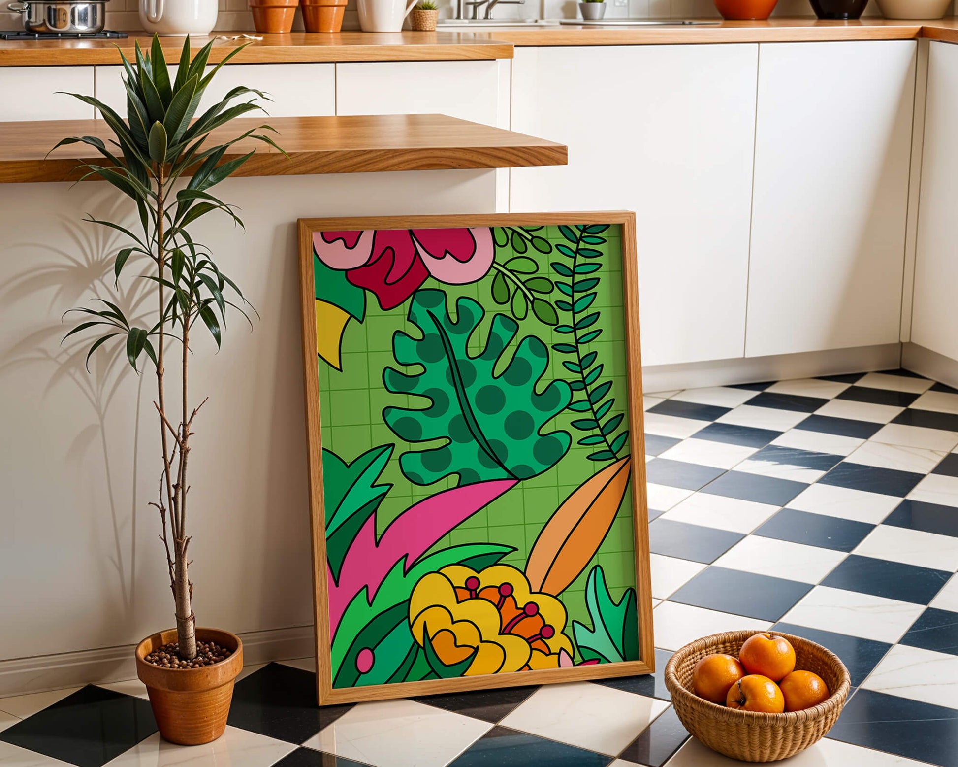 Colorful botanical illustration with vibrant tropical elements