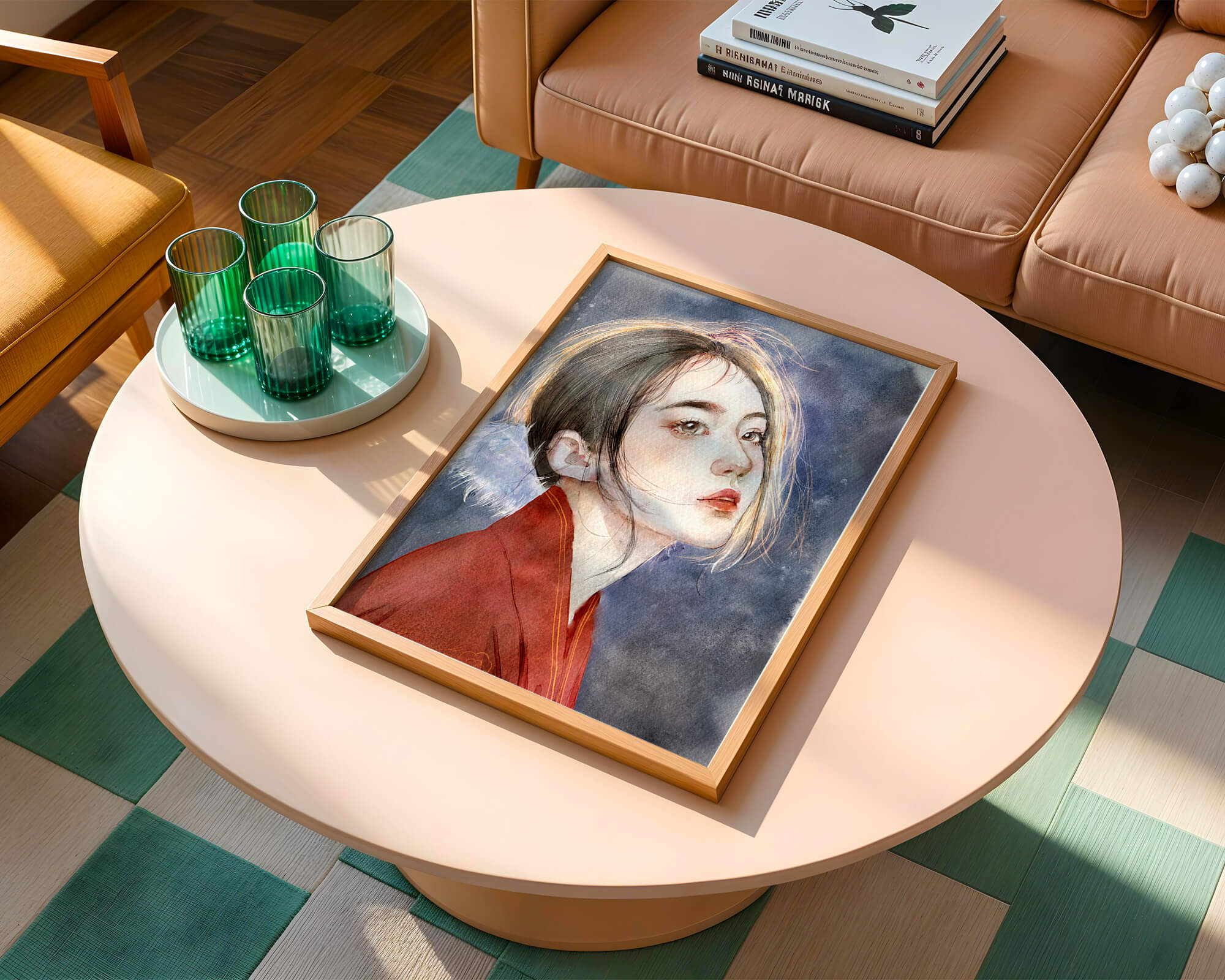 Watercolor portrait of a woman in a red garment with expressive features