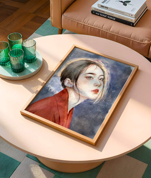 Watercolor portrait of a woman in a red garment with expressive features