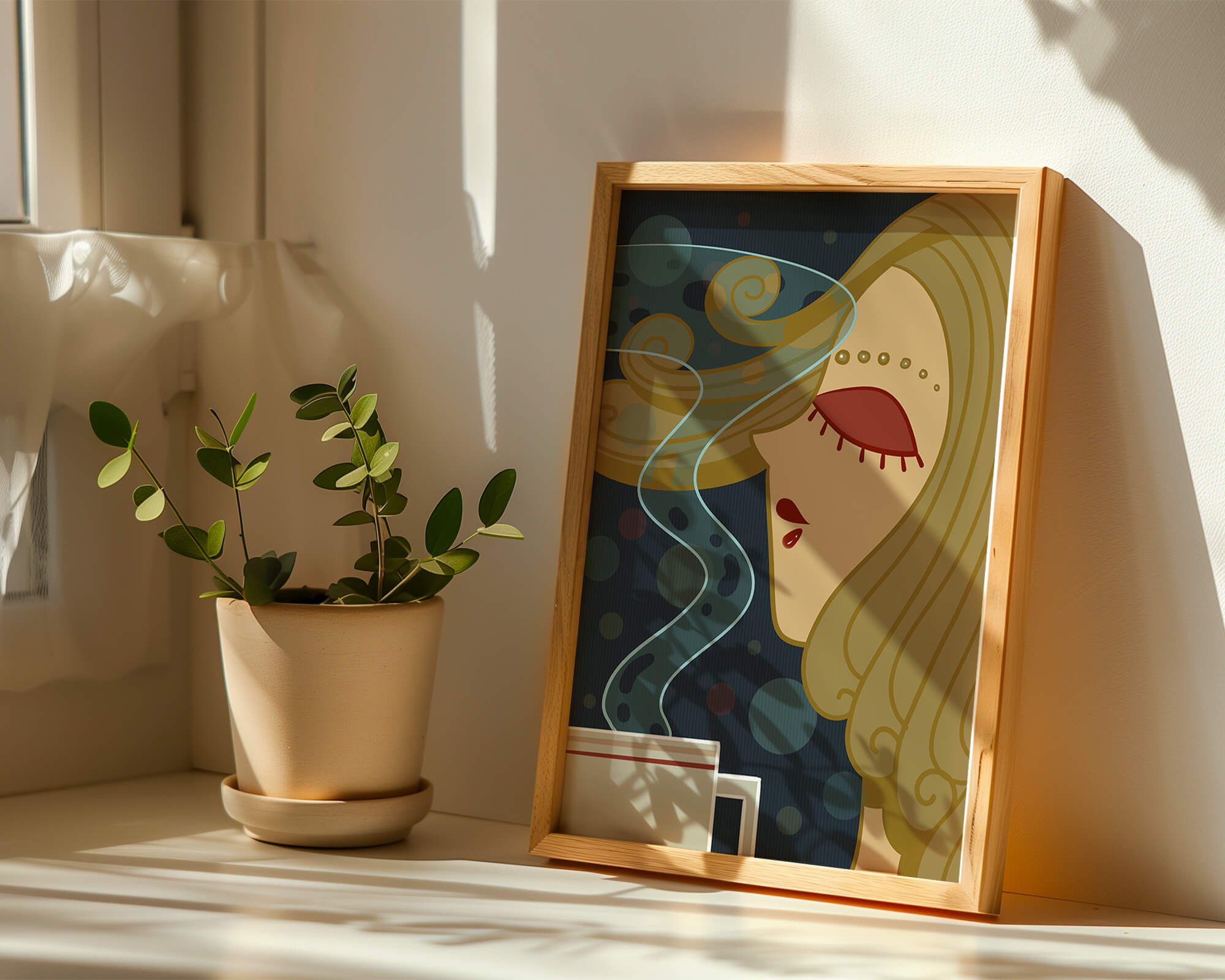 Stylized portrait of a woman with flowing hair and steaming coffee