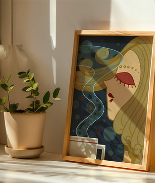Stylized portrait of a woman with flowing hair and steaming coffee