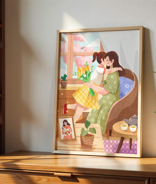 Mother and Daughter Embracing by the Window with Flowers