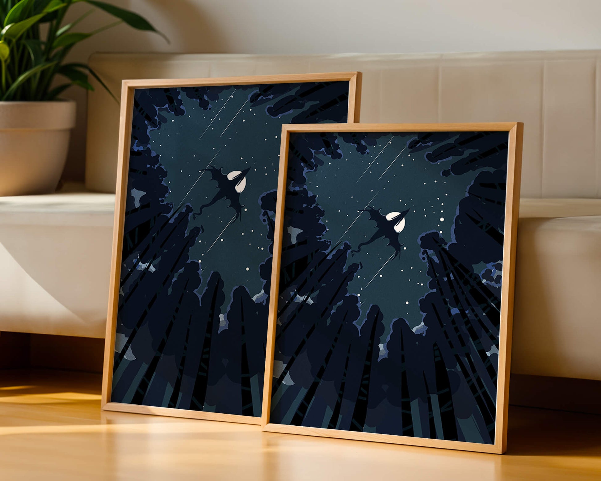 Dragon flying through starry night sky above dark forest