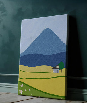 Serene Countryside Landscape with Mountain and Flowers