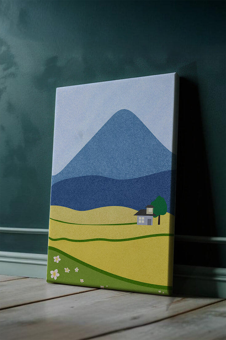 Serene Countryside Landscape with Mountain and Flowers