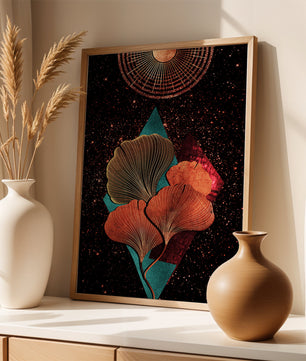 Traducción al español: Ilustración floral cósmica abstracta con elementos geométricos y acentos dorados