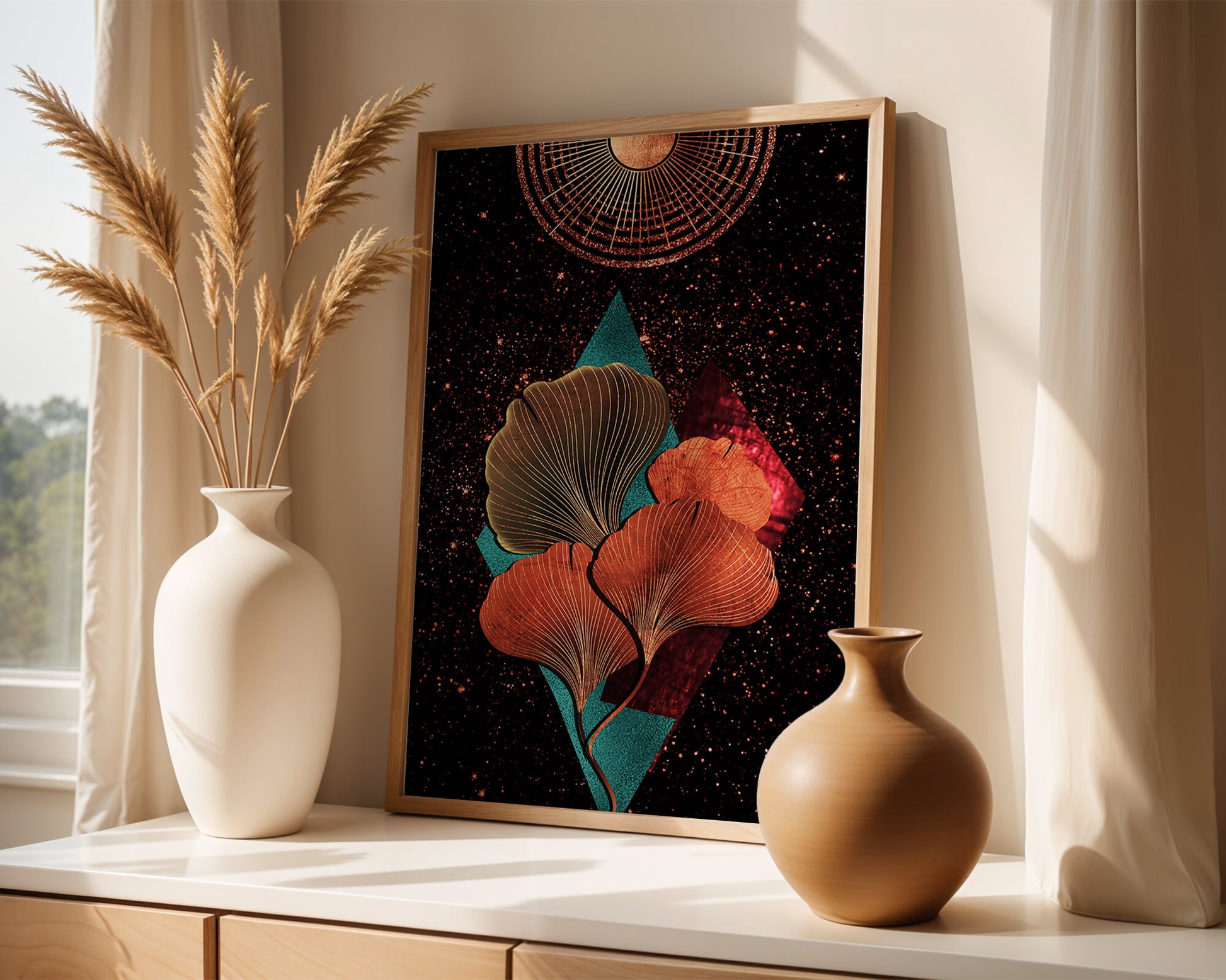 Traducción al español: Ilustración floral cósmica abstracta con elementos geométricos y acentos dorados