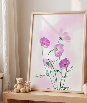 Ilustración digital de flores de cosmos rosadas sobre un fondo pastel suave