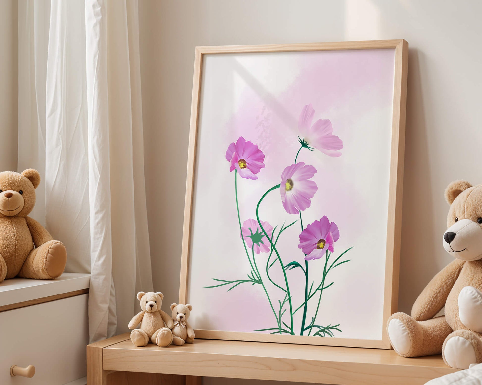 Digital illustration of pink cosmos flowers against a soft pastel background
