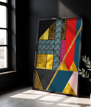 Geometric abstract design with vibrant colors and gold accents