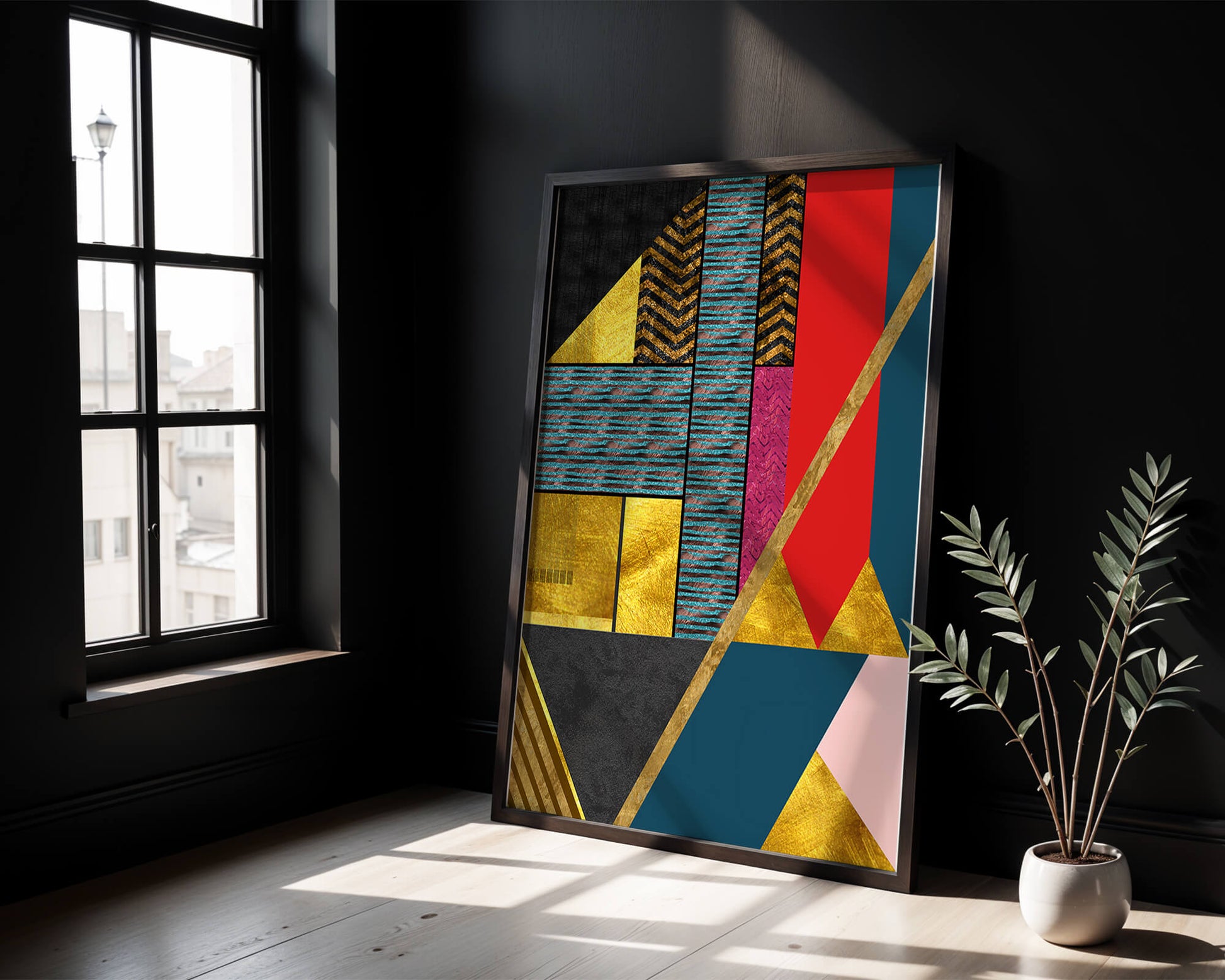Geometric abstract design with vibrant colors and gold accents