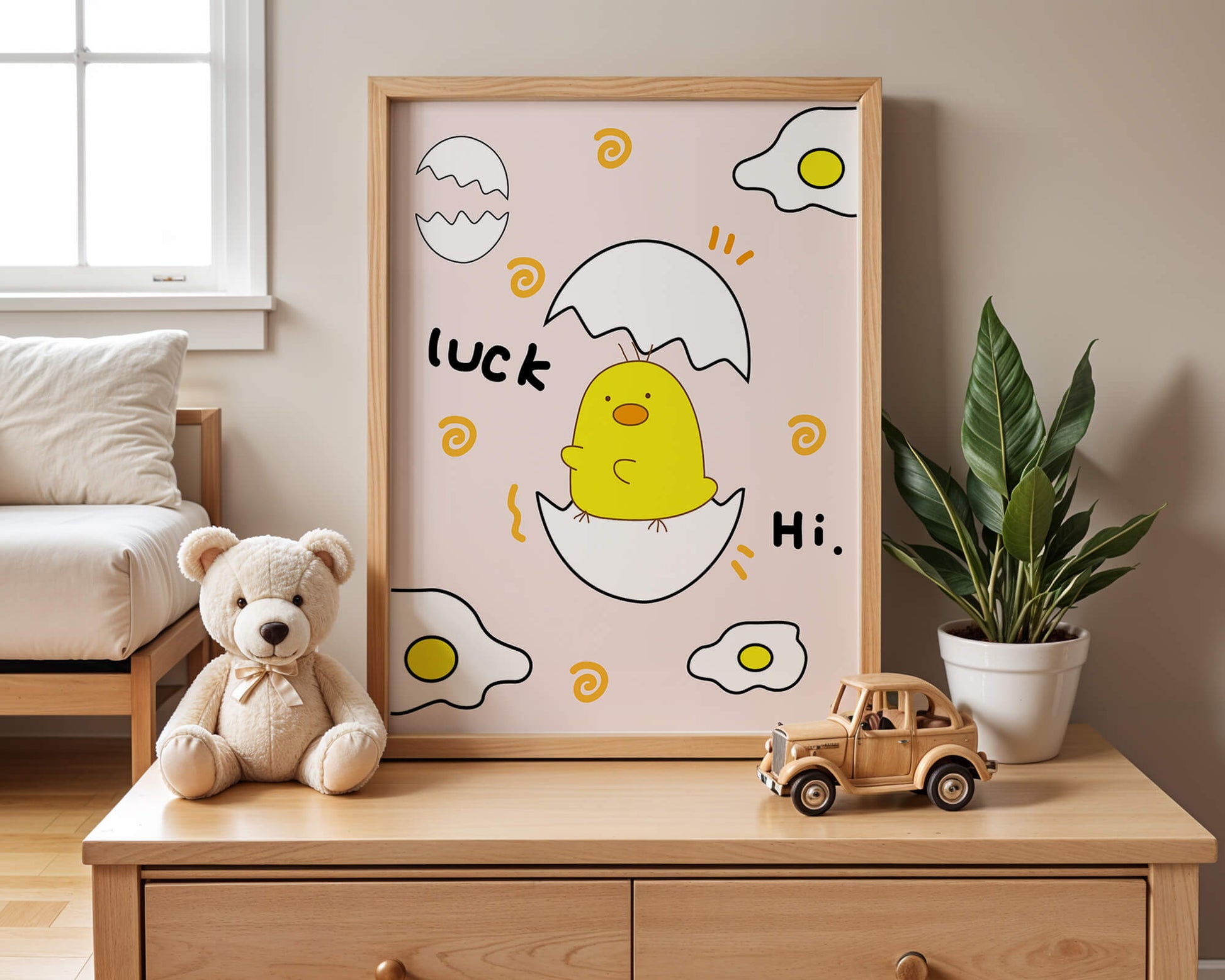 Chick hatching from an egg with cheerful expressions and fried egg motifs