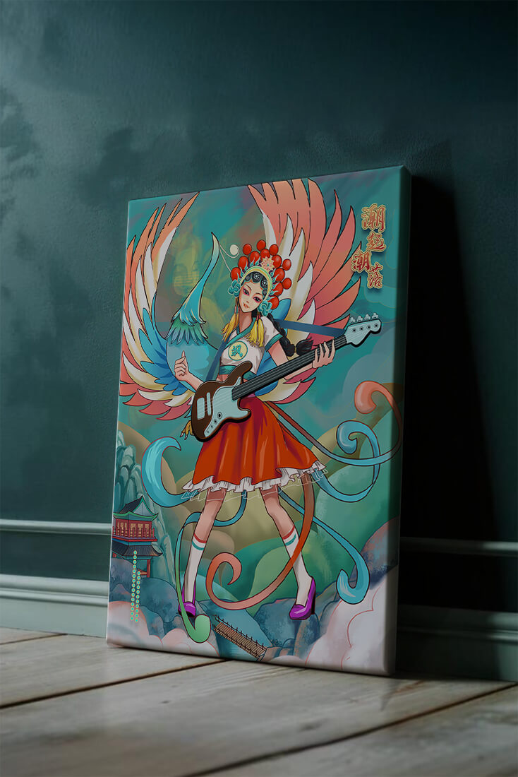 Colorful fusion of traditional and modern art featuring a musician