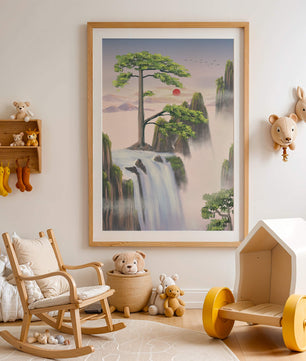 Serene landscape with flowing waterfall and sunrise