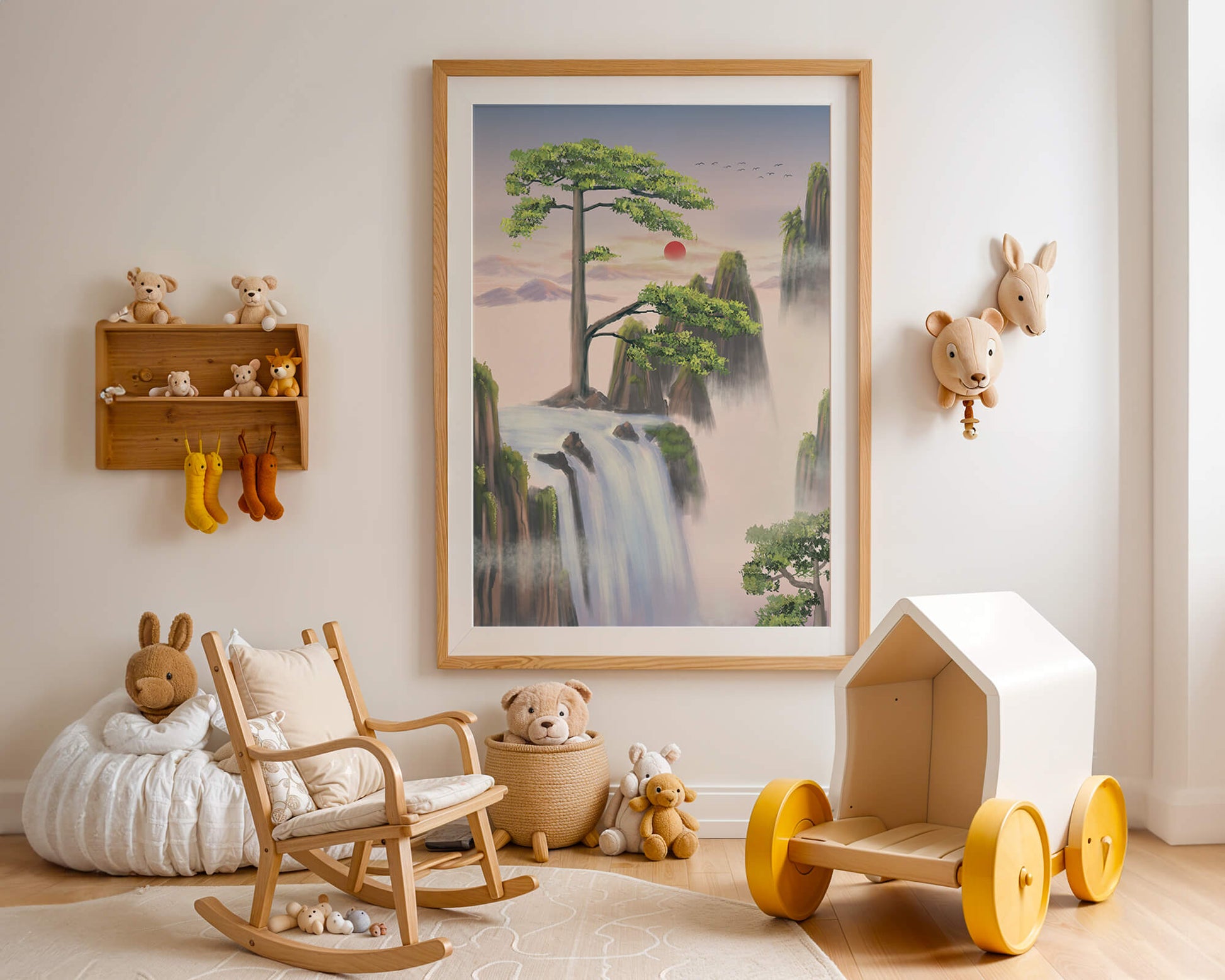 Serene landscape with flowing waterfall and sunrise