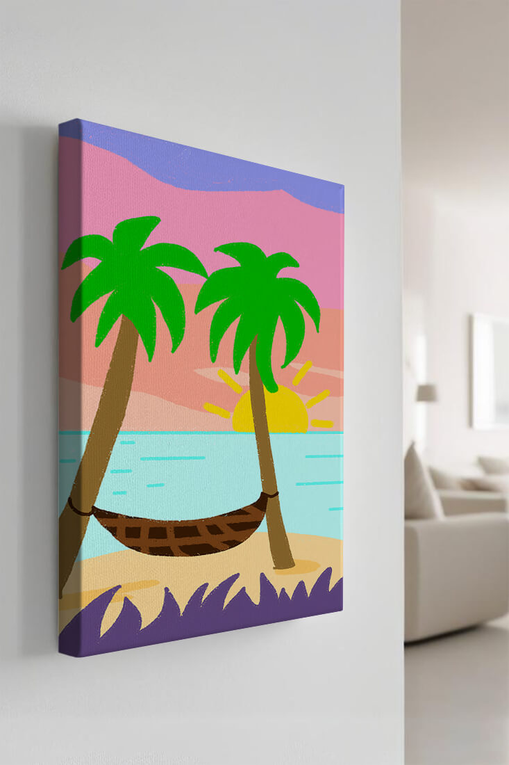 Tranquil beach scene with hammock and sunset