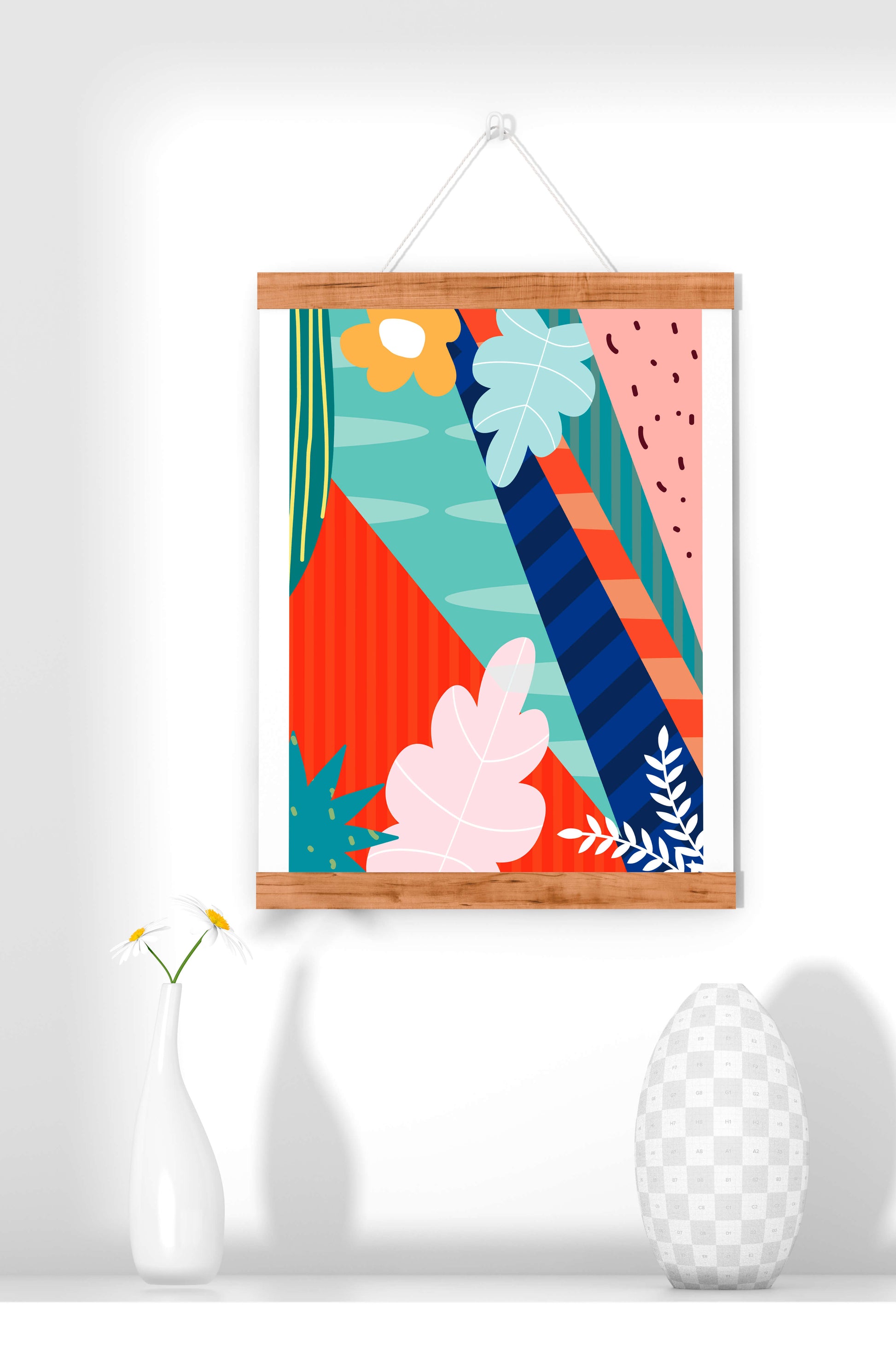 Abstract floral geometric design with vibrant colors and bold patterns