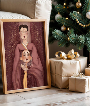 Ilustración de una figura mística con máscara y fondo ornamentado